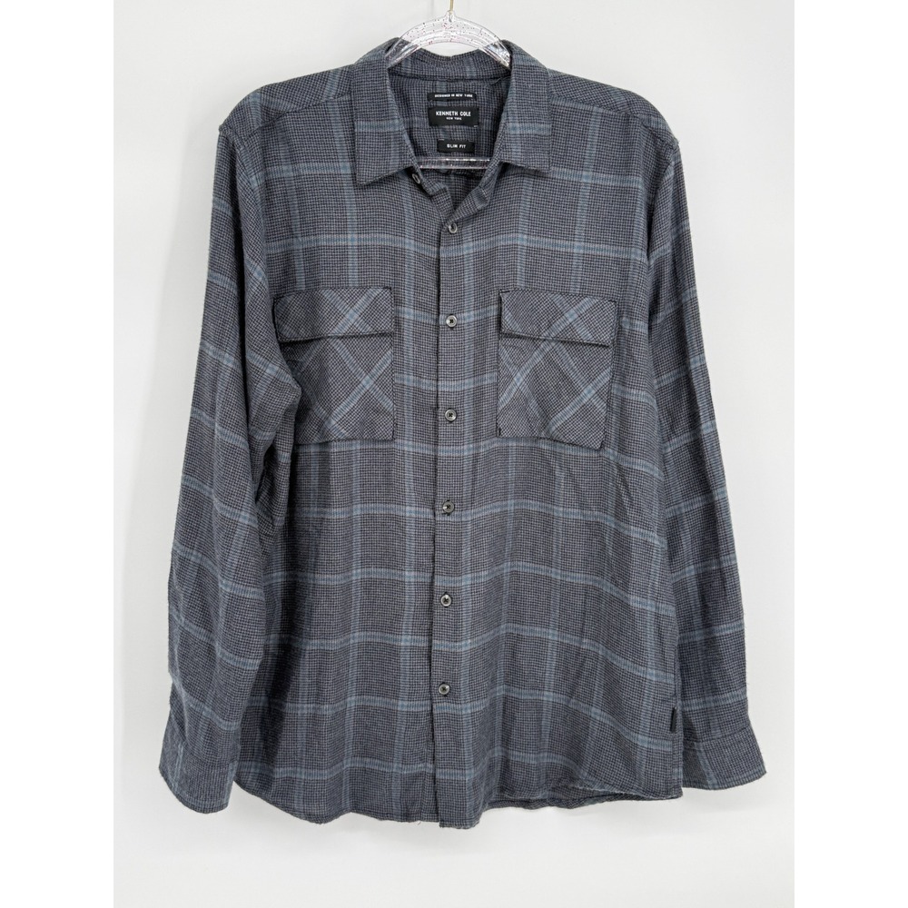 Kenneth Cole New York Mens Slim Plaid‎ Houndstooth Button Down Shirt Grey Sz L